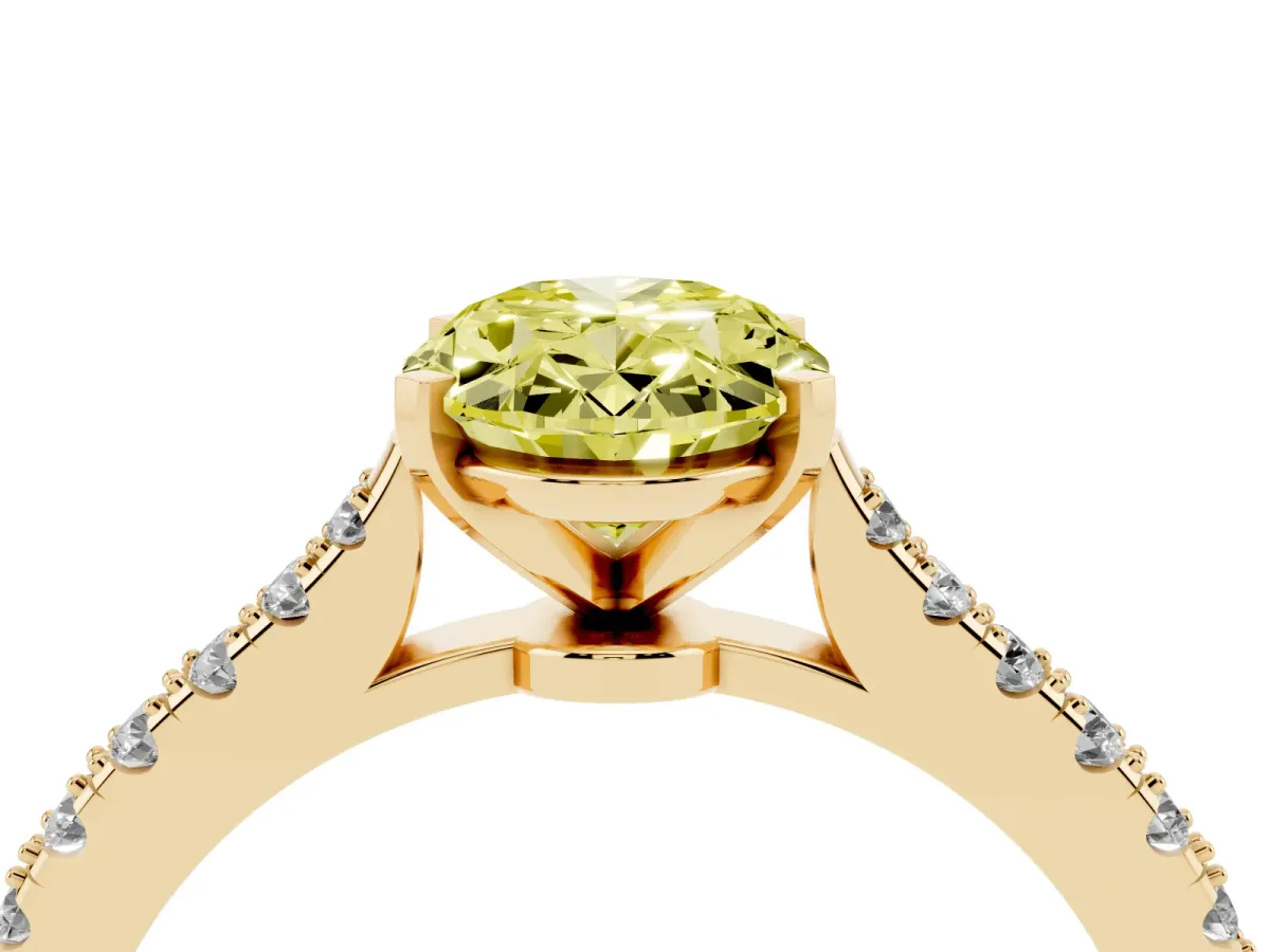 Fancy Yellow Oval Cut Cut Solitaire Diamond Engagement Ring with Pave Band and Four-Prong Setting Yellow gold