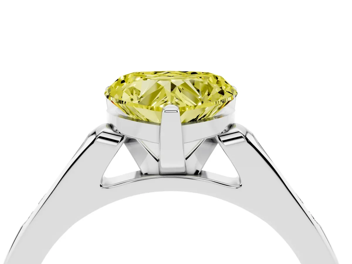 Fancy Yellow Heart Cut Diamond Solitaire Ring with Channel Set Round Band and Prong Setting Silver