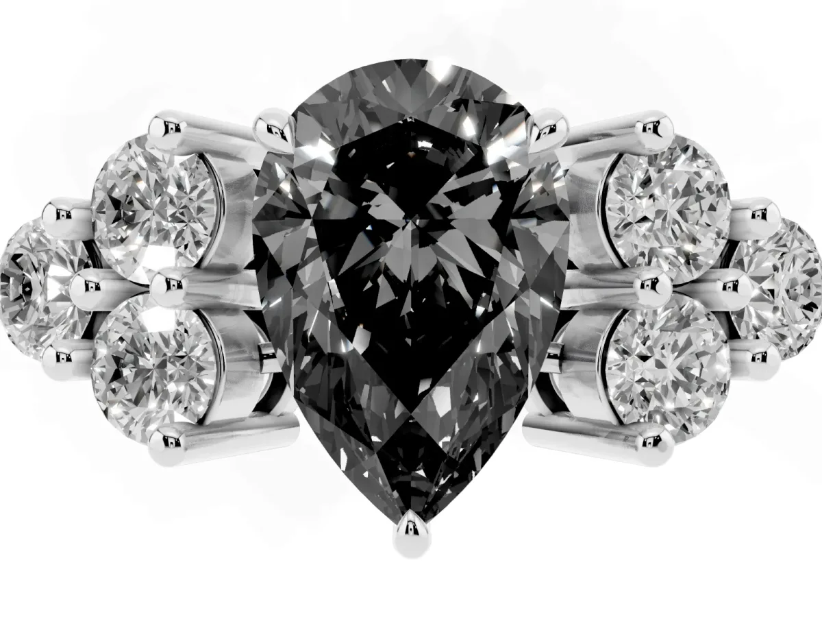 Fancy Black Pear Cut Brilliant Diamond Cluster Accent Solitaire Ring with Prong Setting White gold