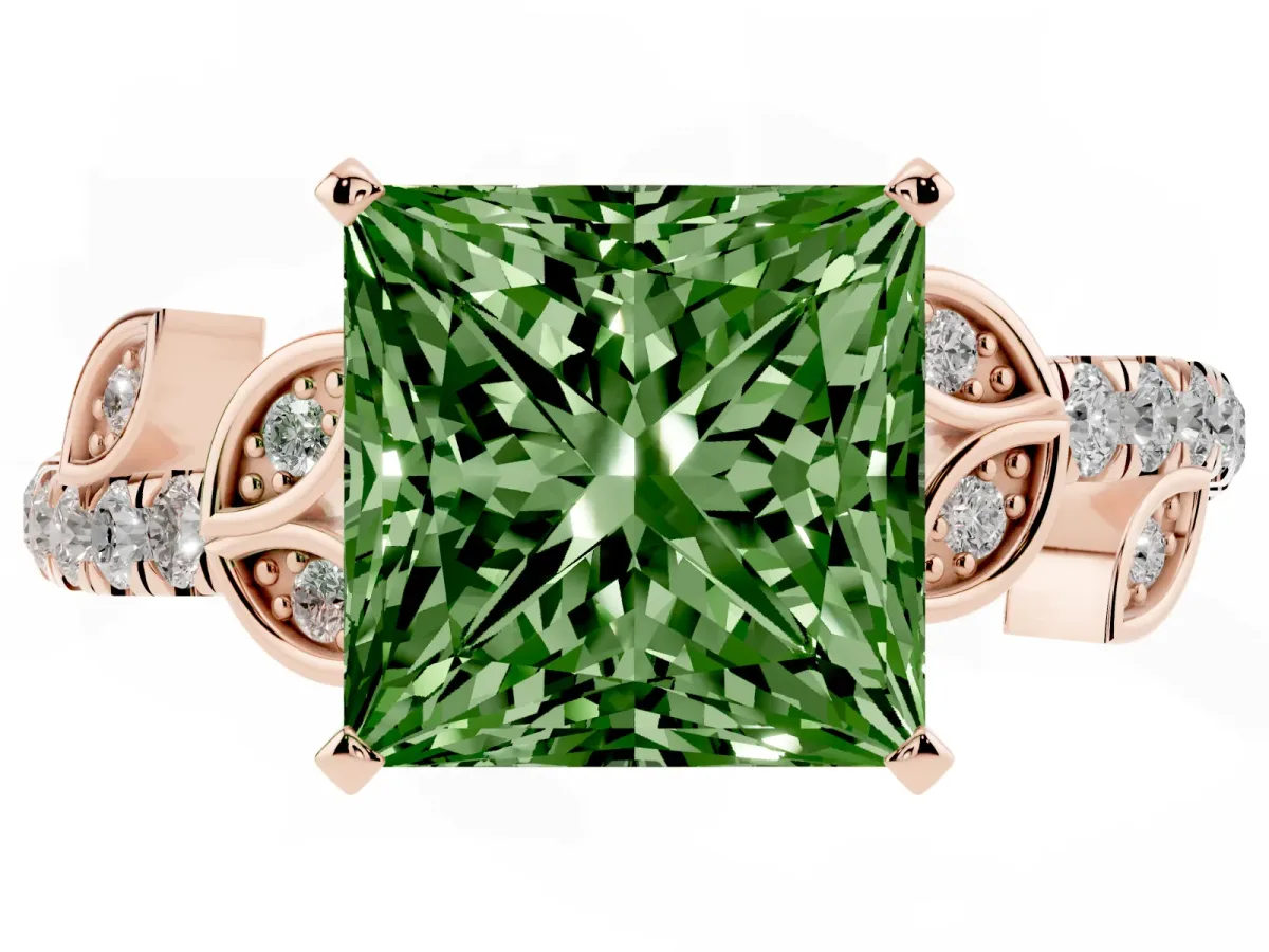 Fancy Green Princess Cut Solitaire Leaf-Inspired Diamond Ring with Pavé Band and Four-Prong Setting Rose gold