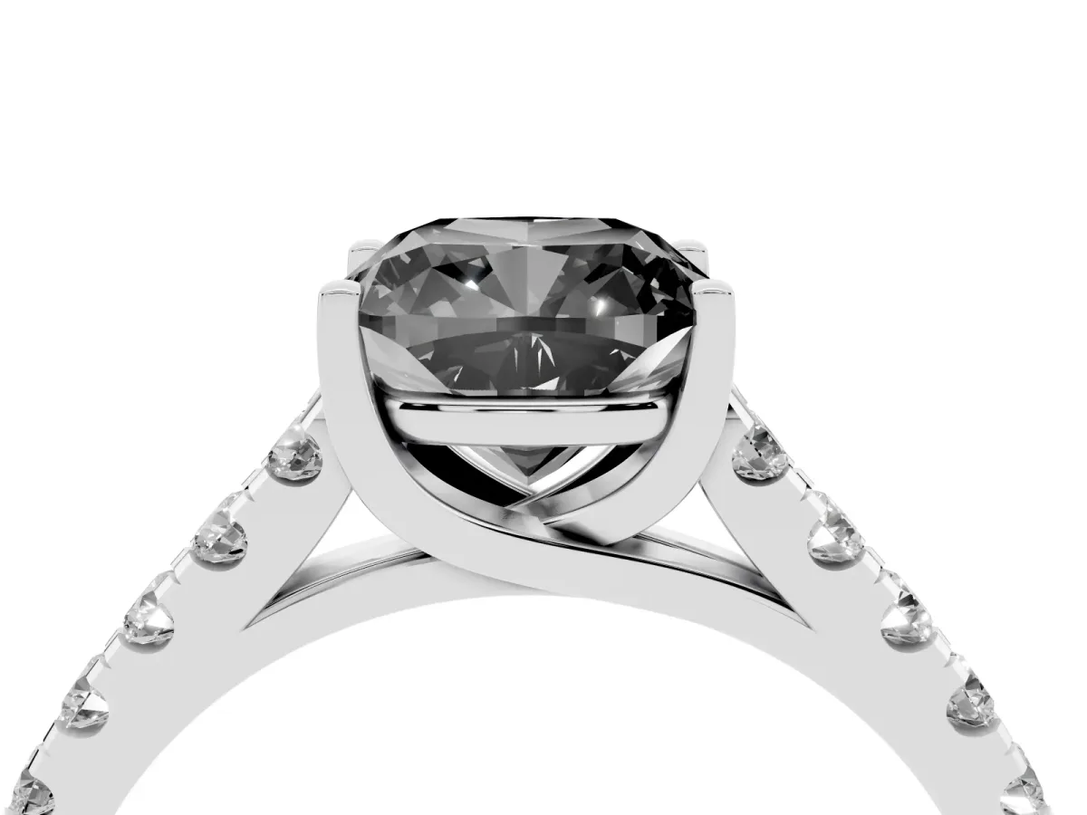 Fancy Black Cushion Cut Diamond Pavé Band Solitaire Ring with Prong Setting Silver
