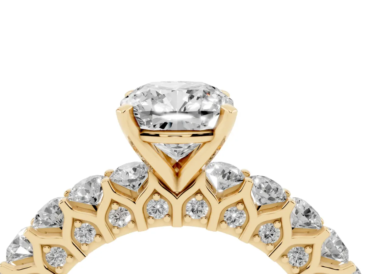 Cushion Cut Diamond Solitaire Ring with Shared Prong Pavé Band and Four-Prong Setting Yellow gold