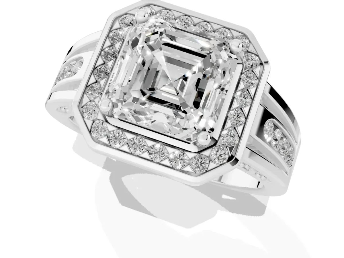 Asscher Cut Diamond Halo Ring with Split Shank and Bezel Accents and Prong Setting Silver