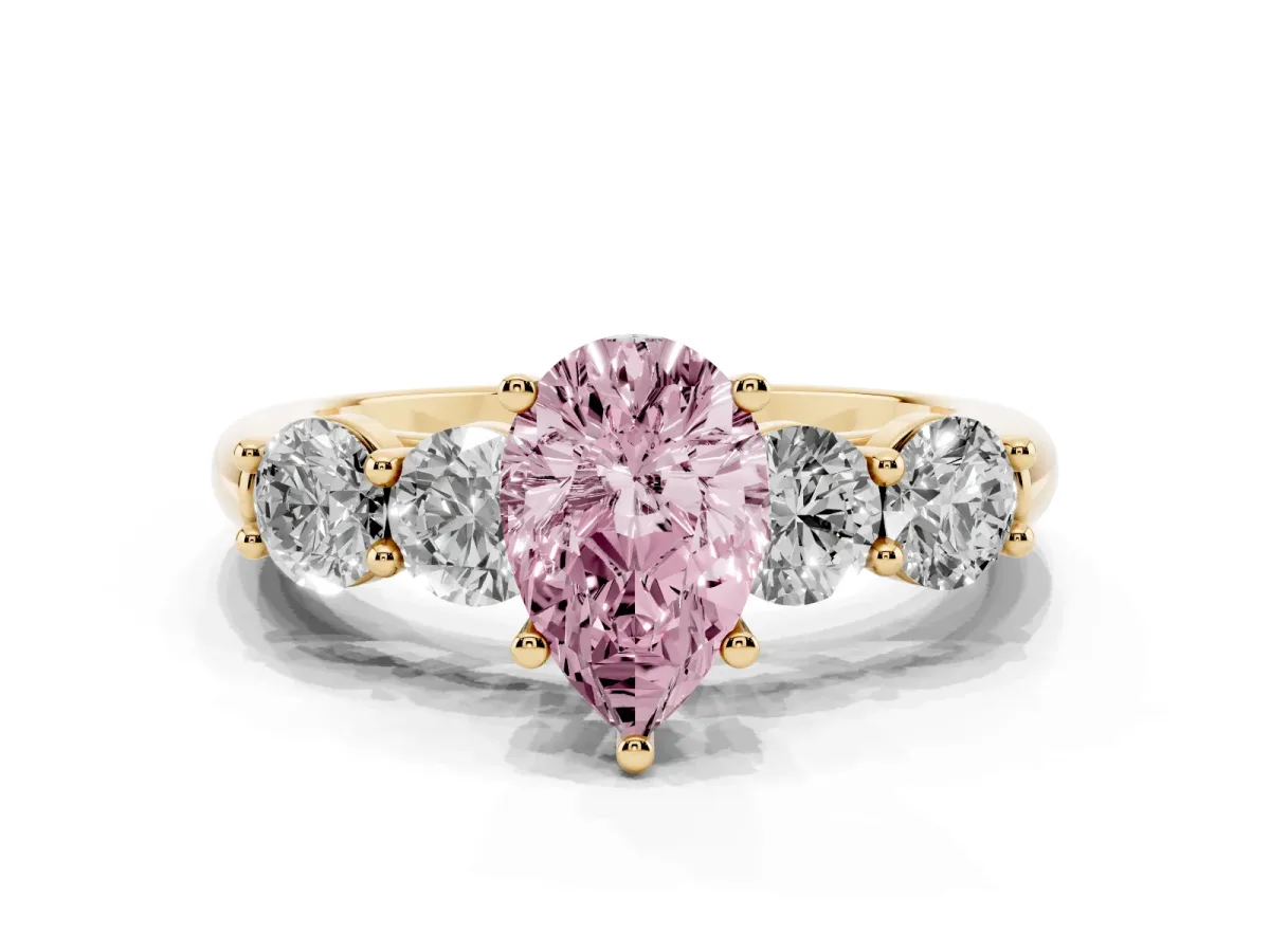 Fancy Pink Pear Cut Cut Five-Stone Prong Set Diamond Ring with Classic Band Yellow gold