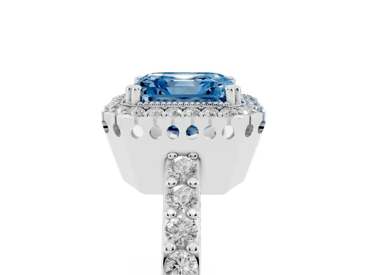 Fancy Blue Asscher Cut Cut Diamond Halo Engagement Ring with Milgrain Detail and Pavé Band White gold