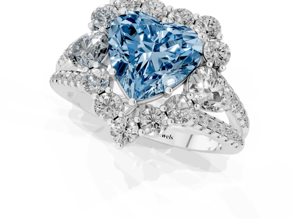 Fancy Blue Heart Cut Halo Split Shank Diamond Engagement Ring with Prong Setting Silver