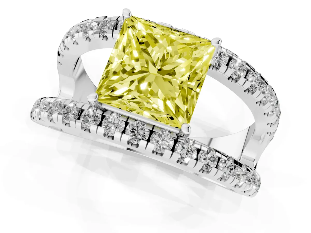 Fancy Yellow Princess Cut Solitaire Split Shank Pave Diamond Ring Silver