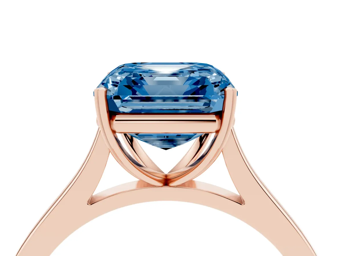 Fancy Blue Asscher Cut Solitaire Heart Prong Engagement Ring with Tapered Band Rose gold