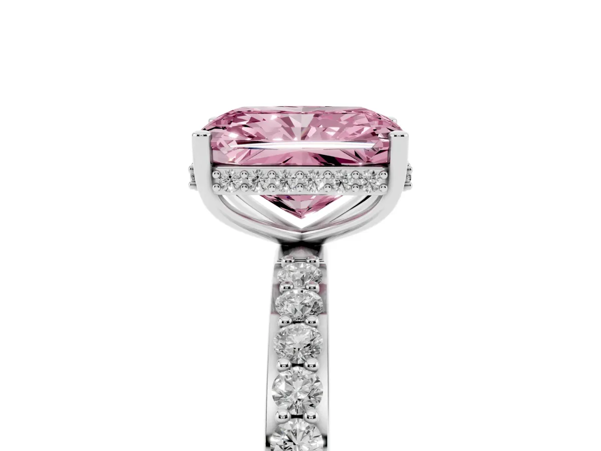 Fancy Pink Radiant Cut Diamond Solitaire Ring with Pavé Band and Hidden Halo Silver