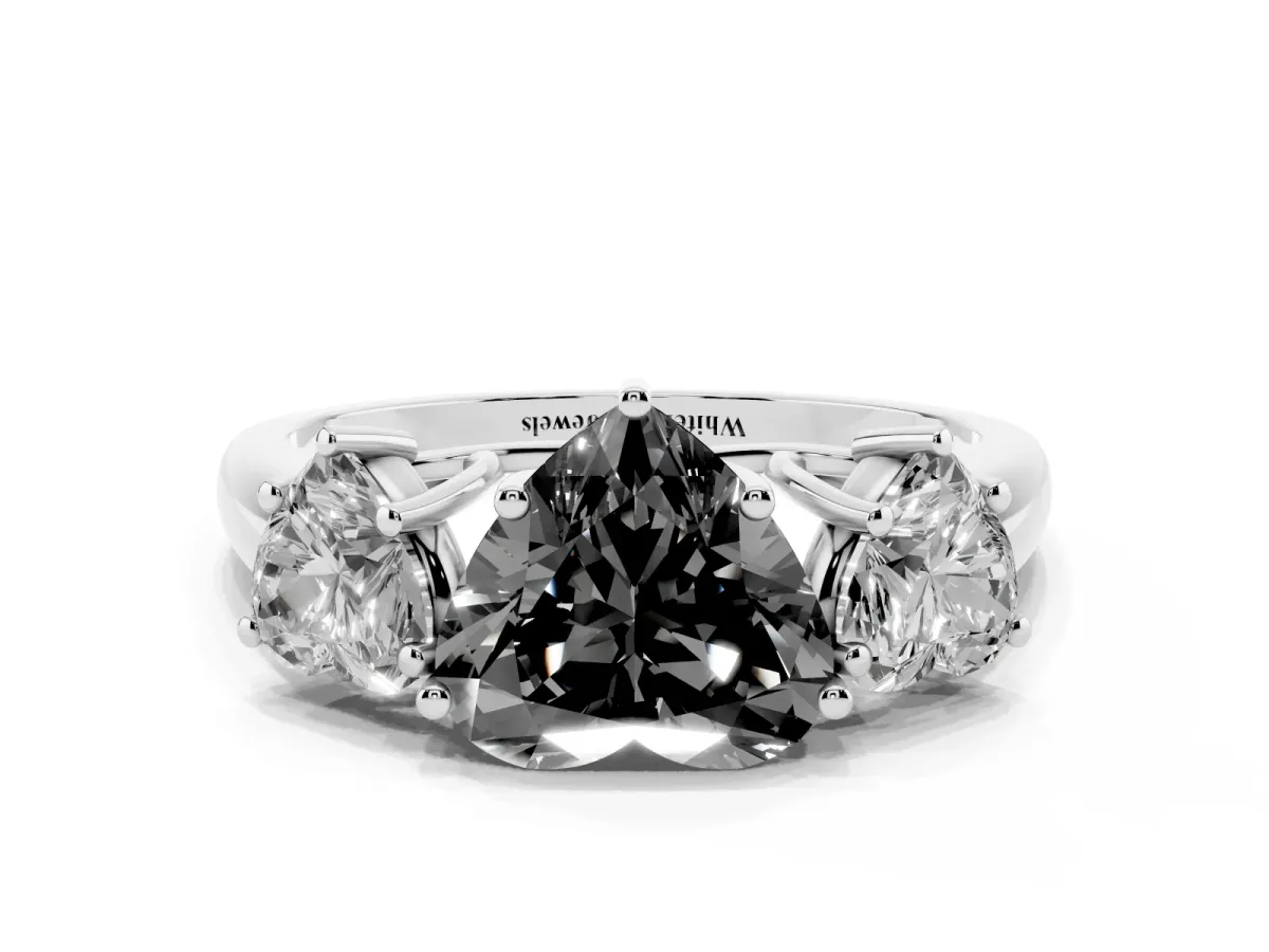 Fancy Black Three-Stone Heart Cut Diamond Engagement Ring with Prong Setting White gold