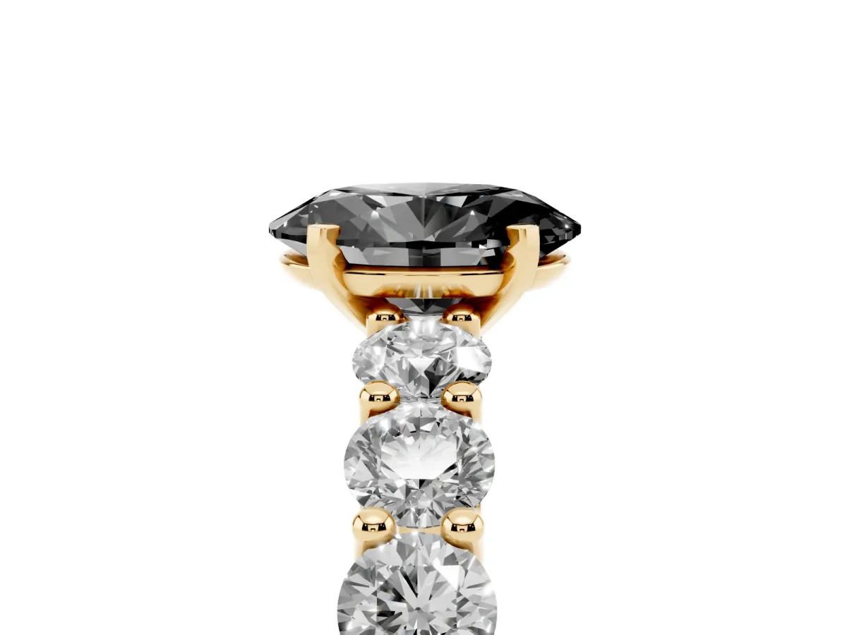 Fancy Black Oval Cut Diamond Prong Setting with Side Stones on a Pave Band Yellow gold