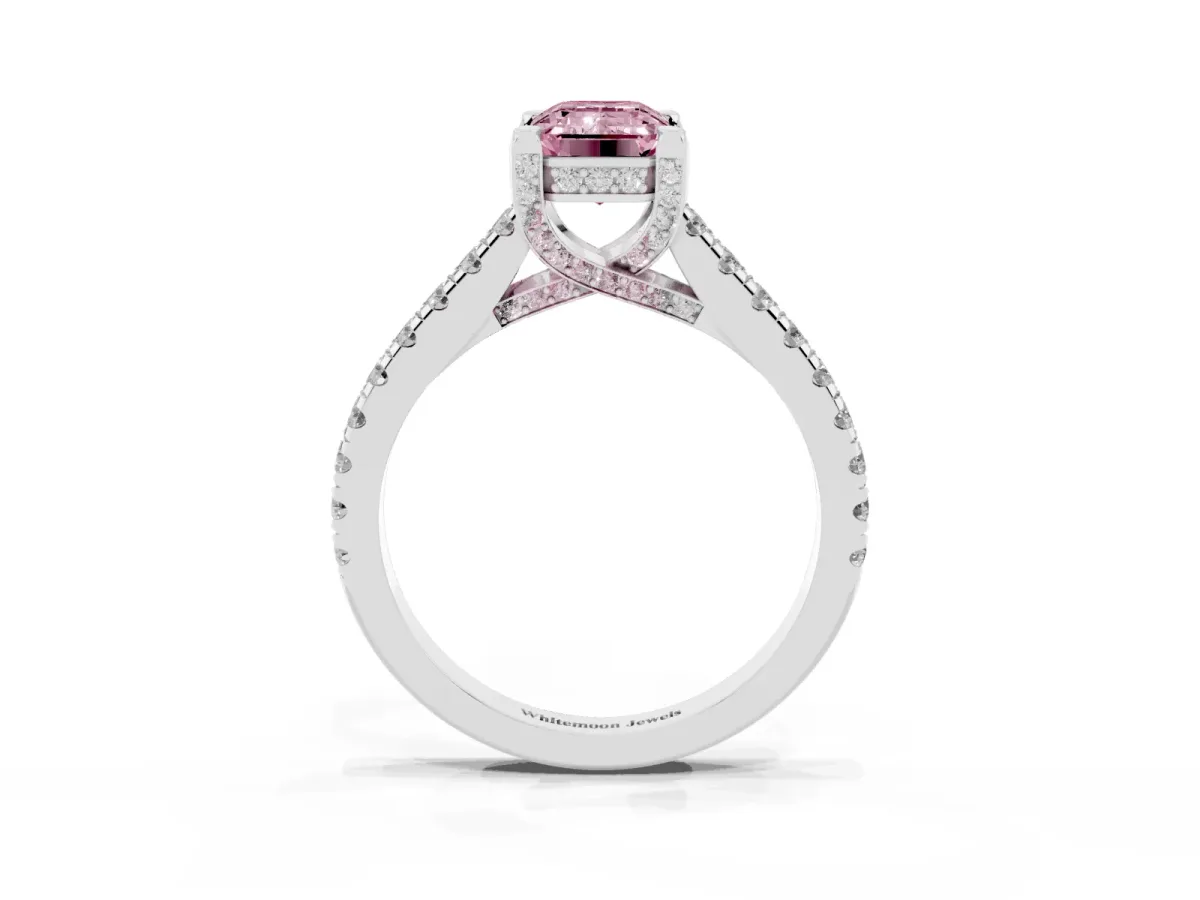 Fancy Pink Emerald Cut Brilliant Diamond Solitaire with Pavé Band and Four-Prong Setting White gold