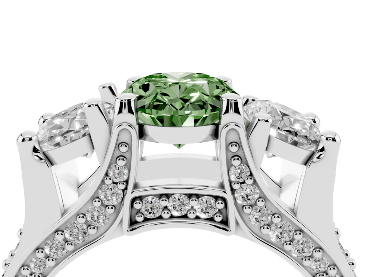 Fancy Green Oval Cut Diamond Three-Stone Ring with Channel Set Band and Four-Prong Setting Silver