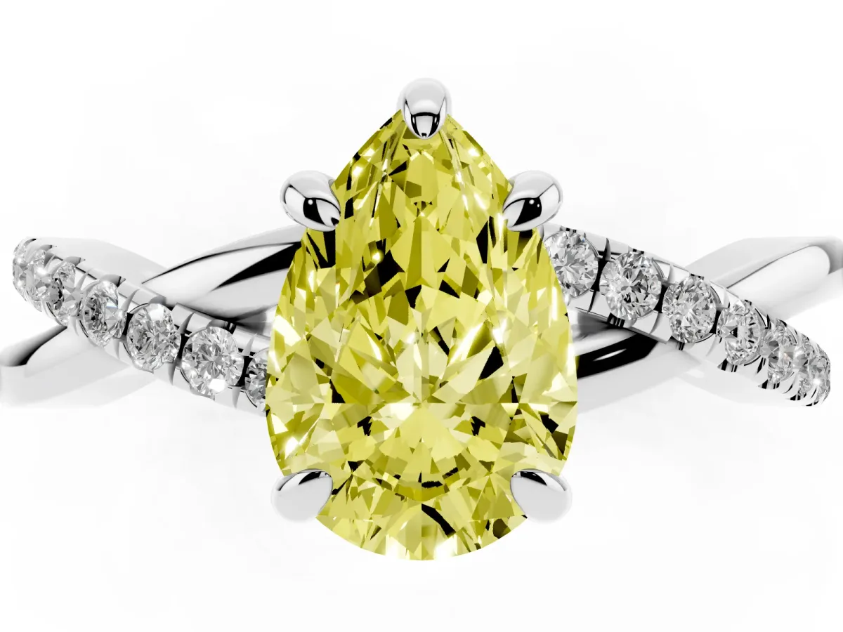 Fancy Yellow Pear Cut Cut Diamond Twist Band Solitaire with Prong Setting Platinum