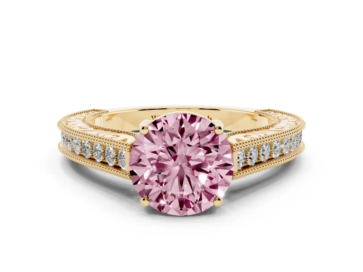 Fancy Pink Round Cut Cut Pave Band Milgrain Solitaire Ring Yellow gold