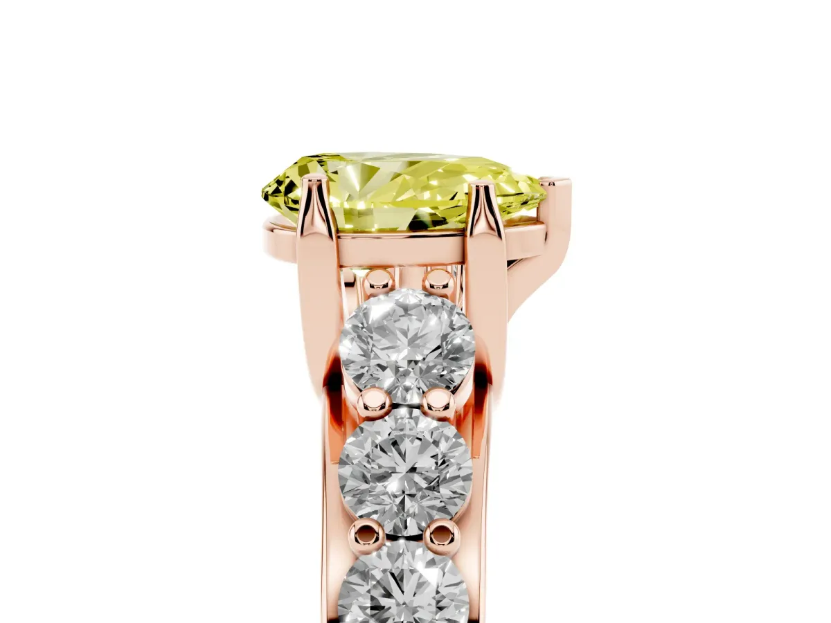 Fancy Yellow Pear Cut Diamond Engagement Ring with Pavé Band and Four-Prong Setting Rose gold