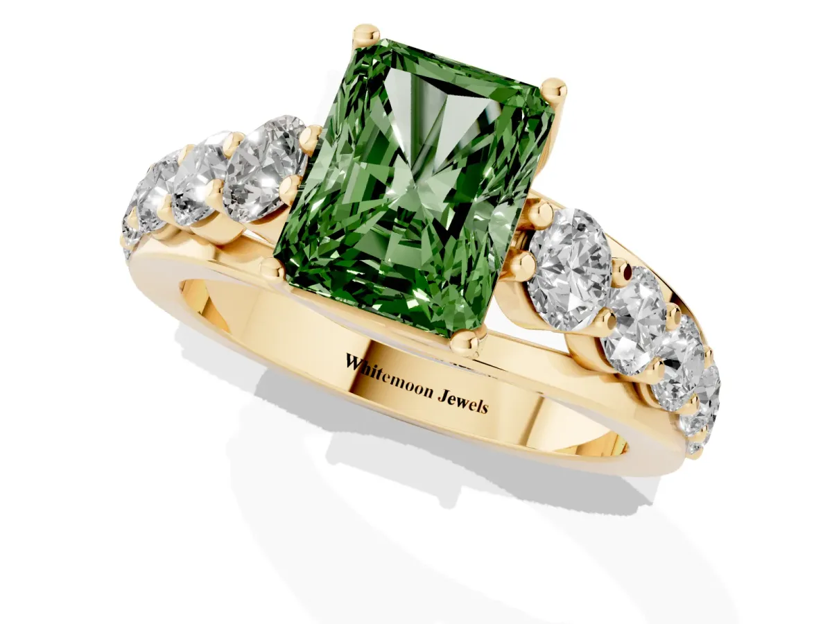 Fancy Green Radiant Cut Diamond Engagement Ring with Pavé Band and Four-Prong Setting Yellow gold