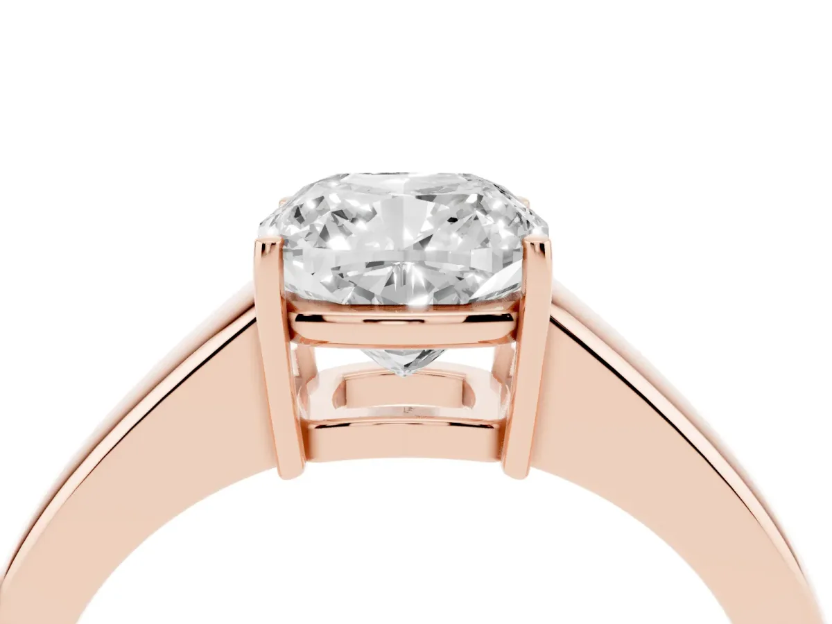 Cushion Cut Solitaire Diamond Ring with Tapered Band and Four-Prong Setting Rose gold