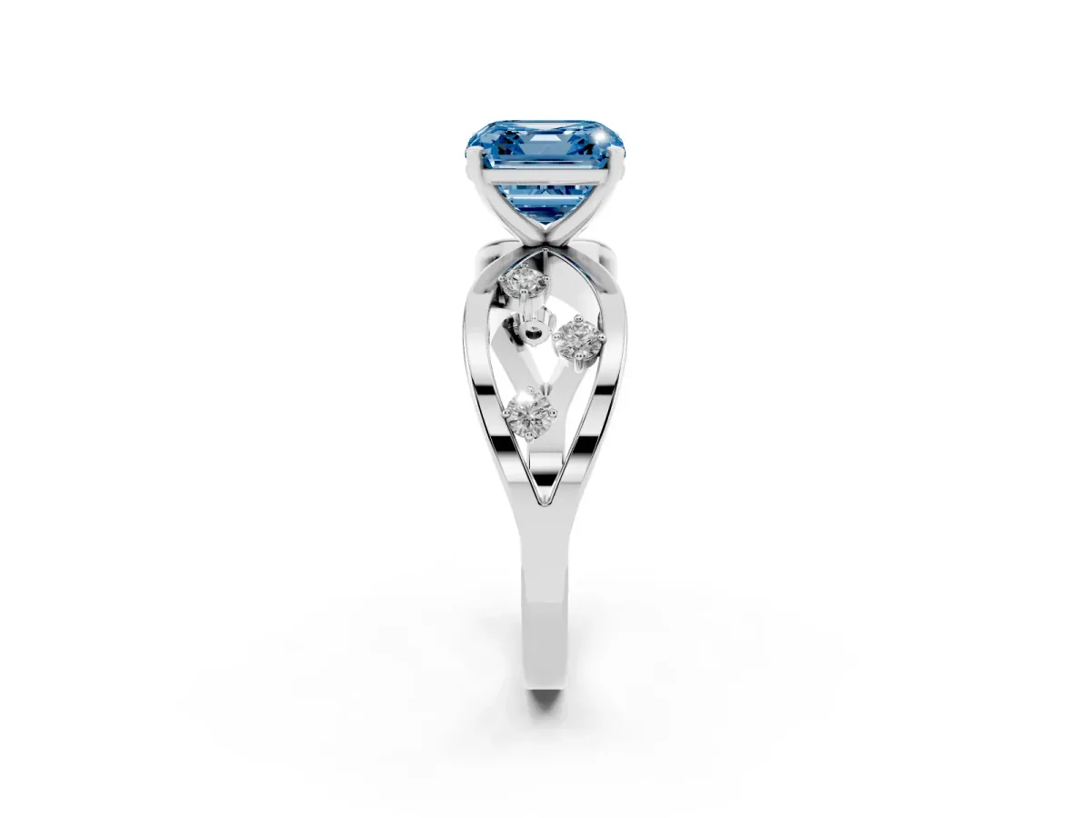 Fancy Blue Asscher Cut Cut Solitaire Diamond with Side Stones on Criss-Cross Band and Four-Prong Setting Platinum