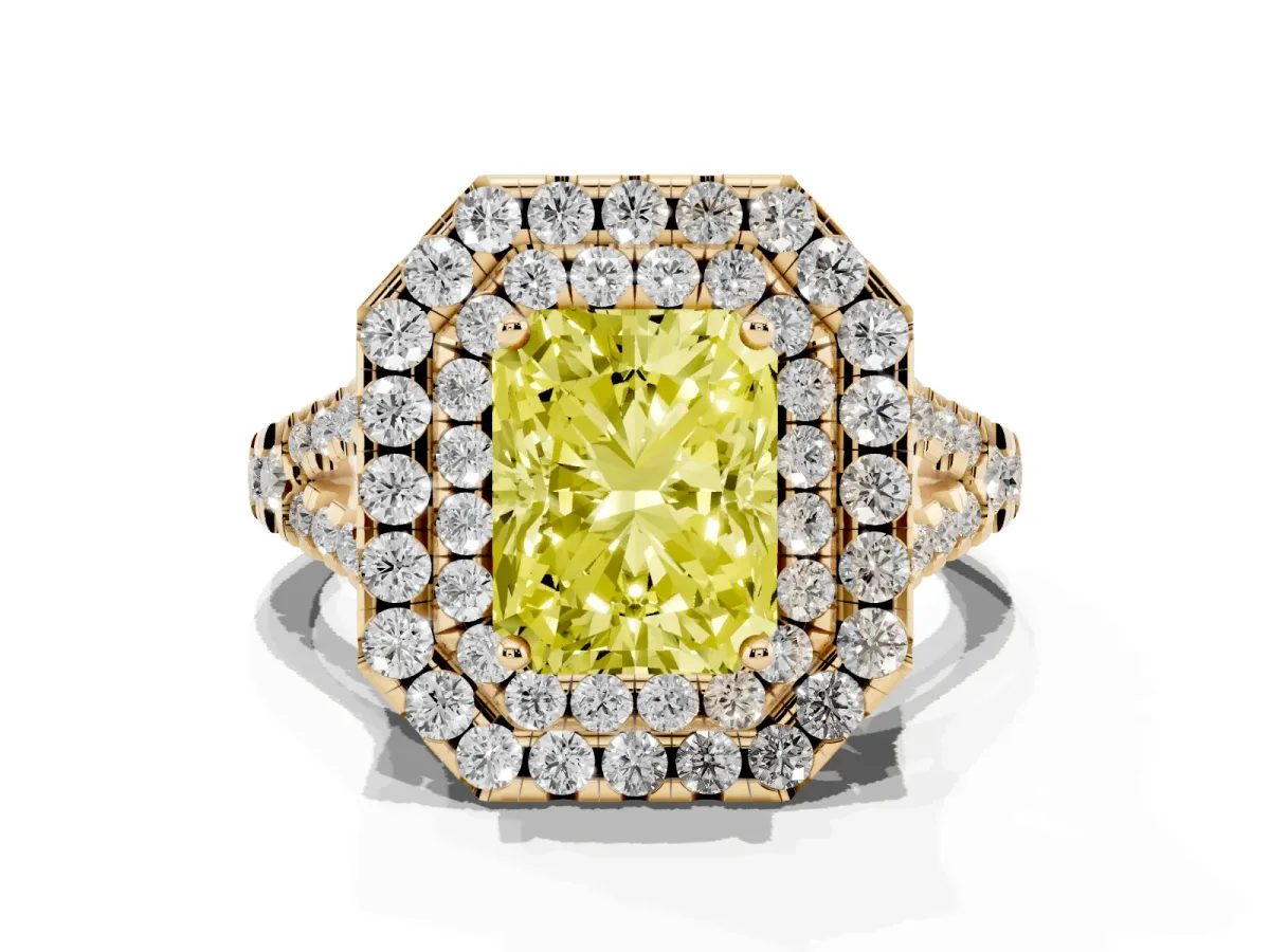 Fancy Yellow Double Halo Radiant Cut Diamond Pavé Split Shank Ring with Prong Setting Yellow gold