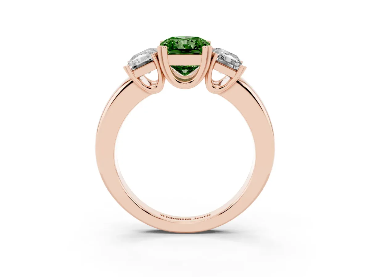 Fancy Green Three-Stone Radiant Cut Cut Diamond Ring with Channel Set Band and Four-Prong Setting Rose gold