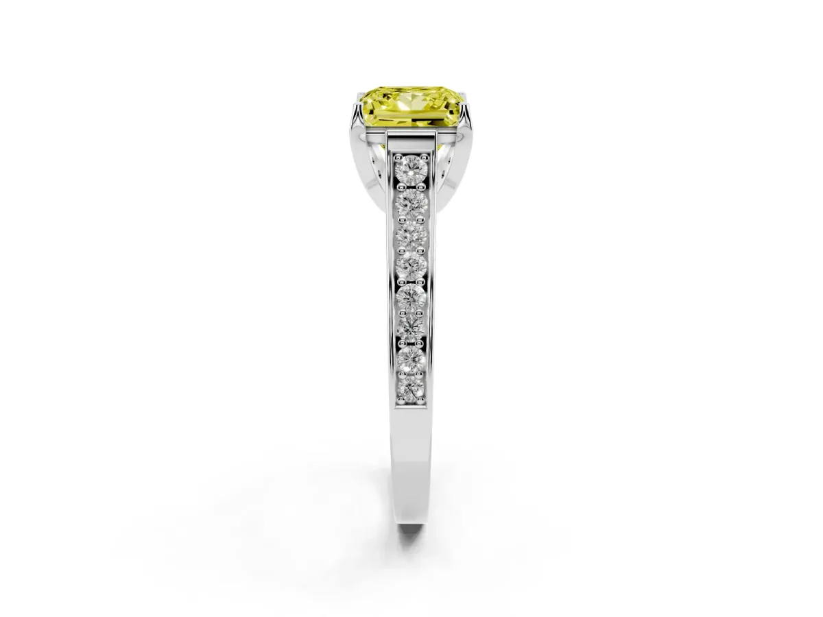 Fancy Yellow Princess Cut Brilliant Cut Diamond Engagement Ring with Pavé Band and Four-Prong Setting White gold