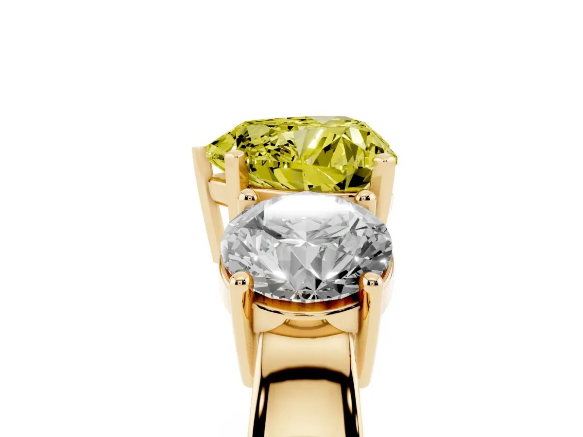 Fancy Yellow Three-Stone Heart Cut Diamond Ring with Round Side Stones, Classic Band, and Four-Prong Setting Yellow gold