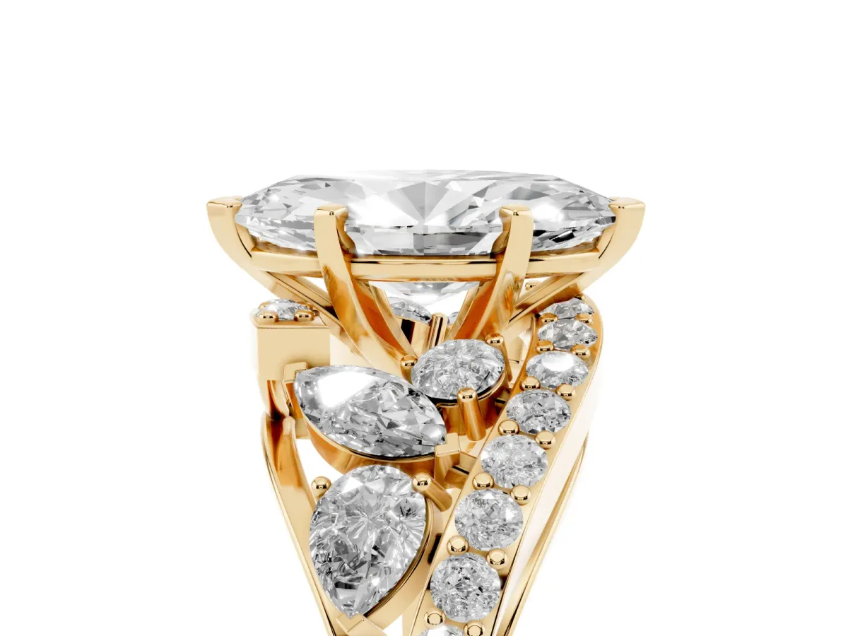 Marquise Cut Diamond Halo Ring with Marquise and Pavé Band in Prong Setting Yellow gold