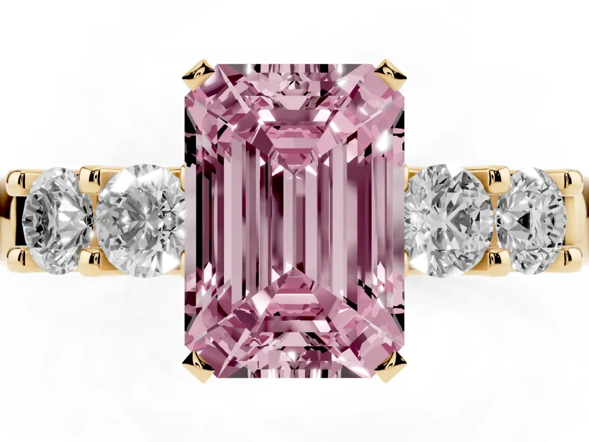 Fancy Pink Emerald Cut Brilliant Cut Diamond Five-Stone Prong Set Engagement Ring with Channel Band Yellow gold