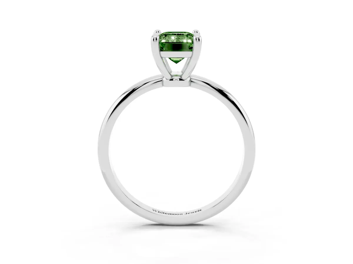 Fancy Green Emerald Cut Solitaire Diamond Ring with 4-Prong Setting on a Classic Band Platinum