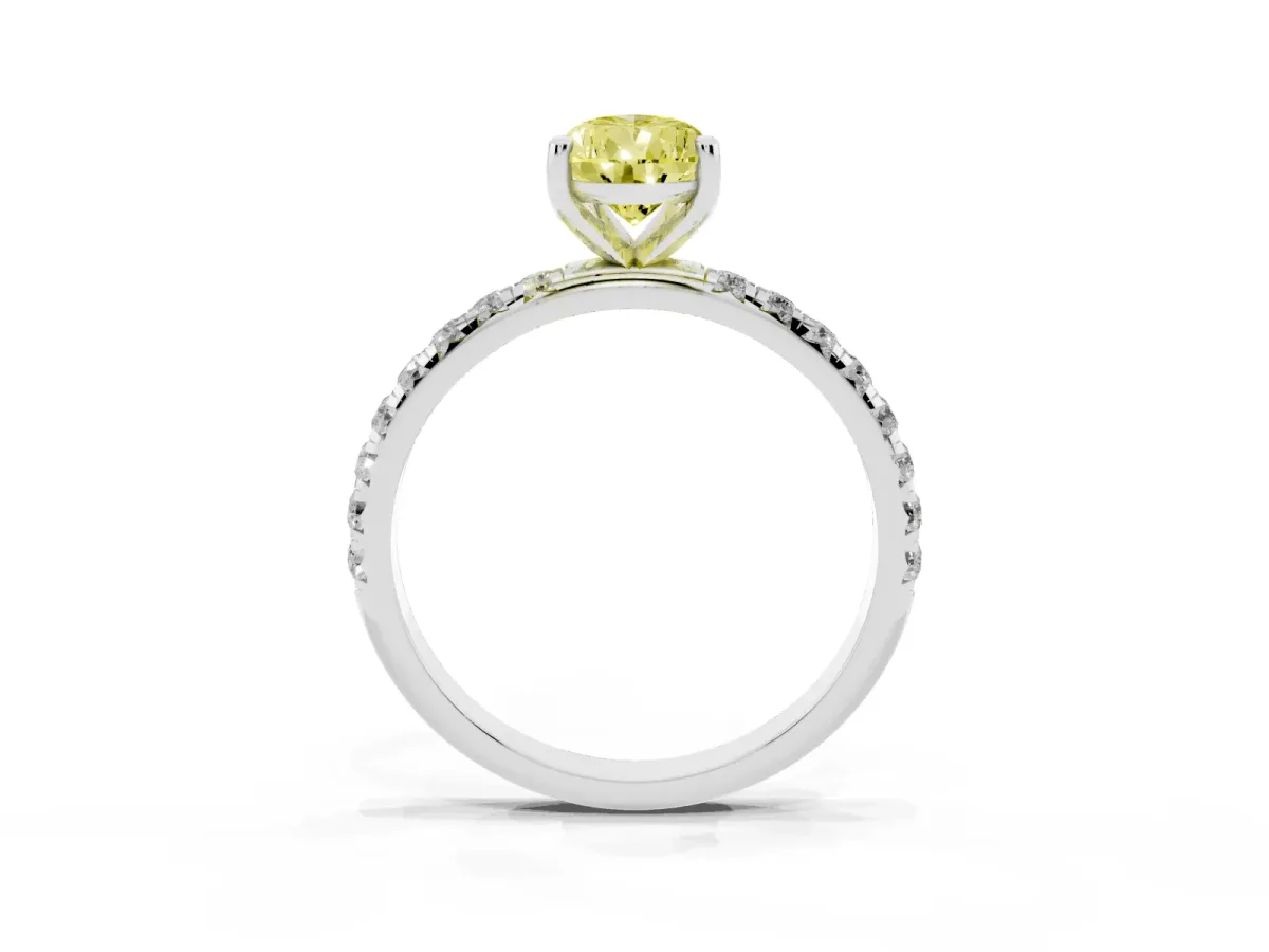 Fancy Yellow Pear Cut Cut Diamond Solitaire Ring with Micro Pave Band and Four Prong Setting Silver