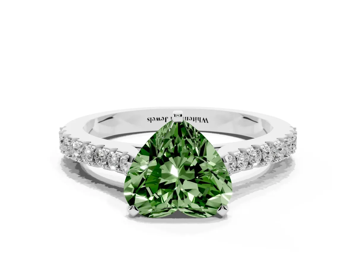 Fancy Green Heart Cut Cut Solitaire Diamond Engagement Ring with Pave Band and Four-Prong Setting Platinum