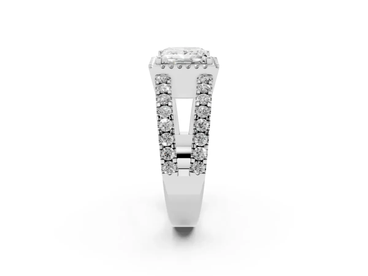 Princess Cut Cut Halo Split Shank Diamond Ring with Four-Prong Setting Platinum