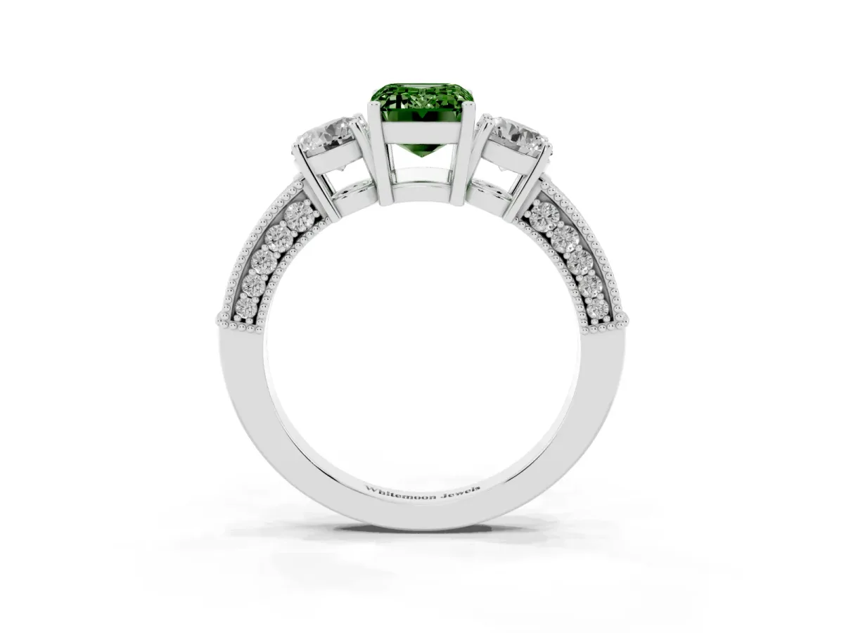 Fancy Green Emerald Cut Three-Stone Diamond Ring with Pavé Band and Four-Prong Setting Silver