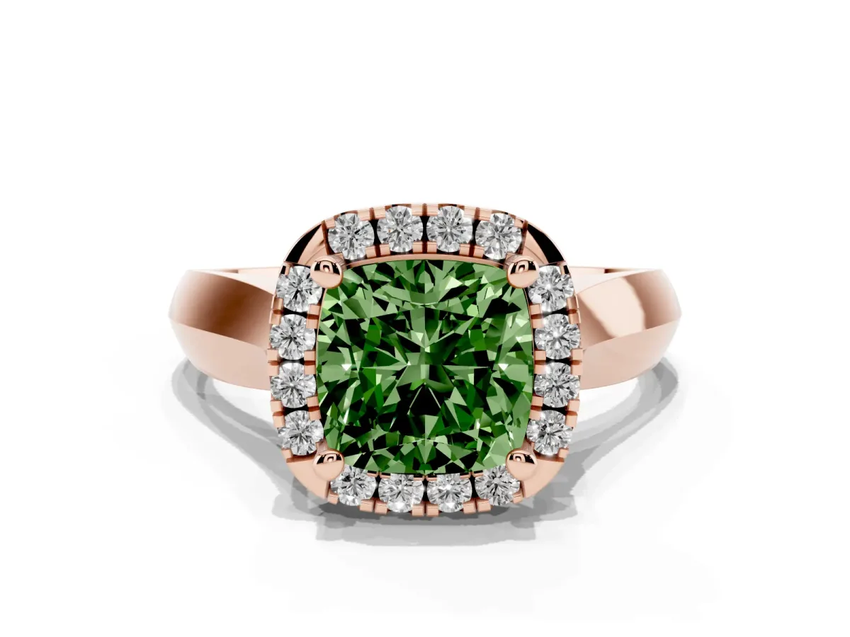 Fancy Green Cushion Cut Cut Halo Solitaire Engagement Ring with Square Band and Four-Prong Setting Rose gold