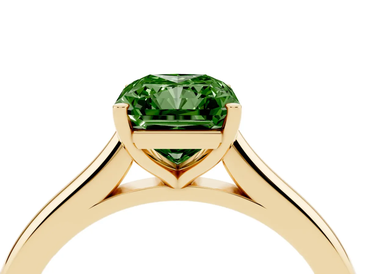 Fancy Green Radiant Cut Cut Solitaire Ring with Cathedral Band and Four-Prong Setting Yellow gold