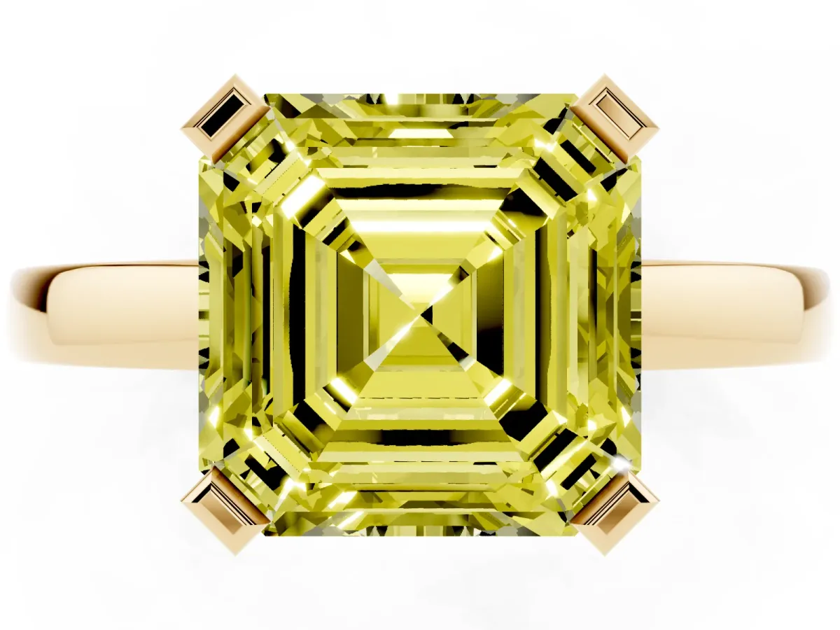 Fancy Yellow Asscher Cut Cut Solitaire Ring with Four-Prong Setting and Classic Band Yellow gold