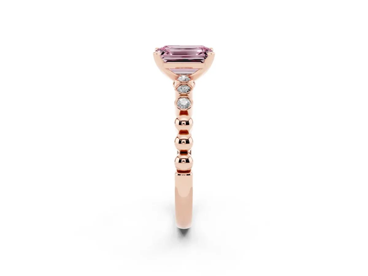 Fancy Pink Emerald Cut Solitaire Bezel Accent Diamond Engagement Ring with Beaded Band and Four-Prong Setting Rose gold