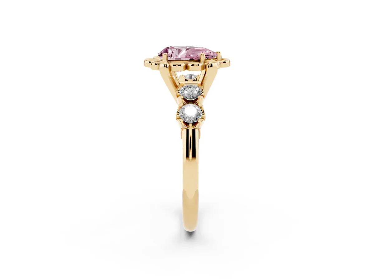 Fancy Pink Pear Cut Cut Diamond Floral Halo Engagement Ring with Shared Prong Setting Yellow gold