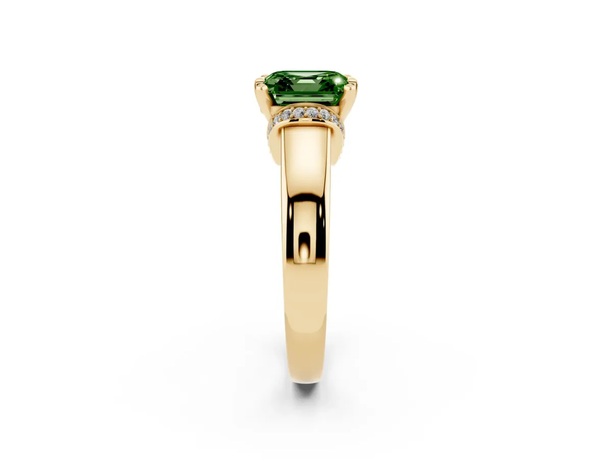 Fancy Green Asscher Cut Solitaire Diamond Ring with Pave Band and Six-Prong Setting Yellow gold