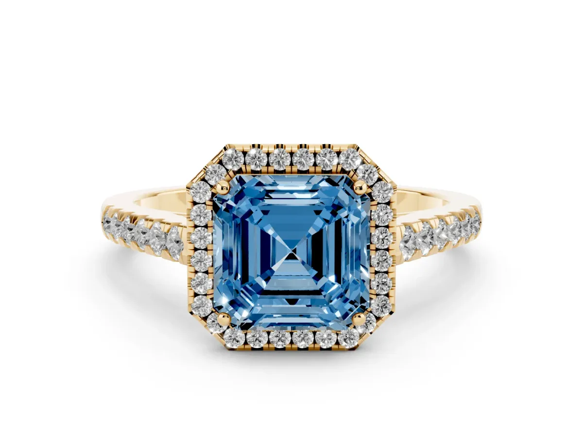 Fancy Blue Asscher Cut Halo Pave Diamond Engagement Ring with Four-Prong Setting Yellow gold