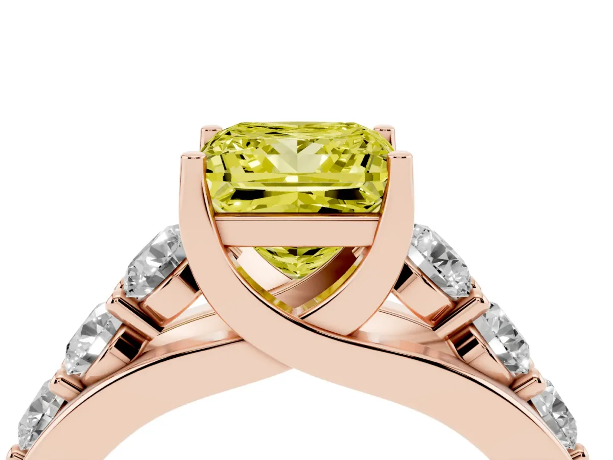 Fancy Yellow Princess Cut Diamond Engagement Ring with Pavé Band and Four-Prong Setting Rose gold