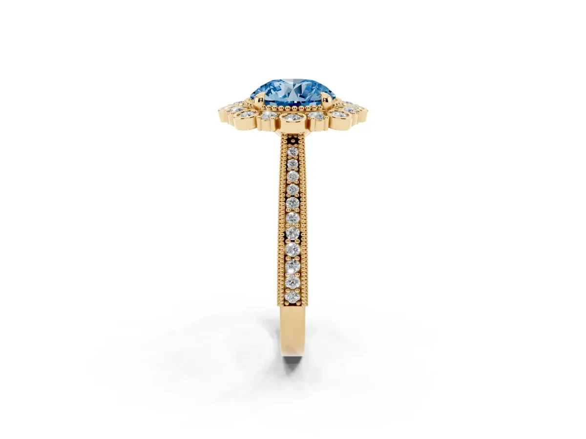 Fancy Blue Round Cut Halo Milgrain Pave Diamond Ring with Four-Prong Setting Yellow gold