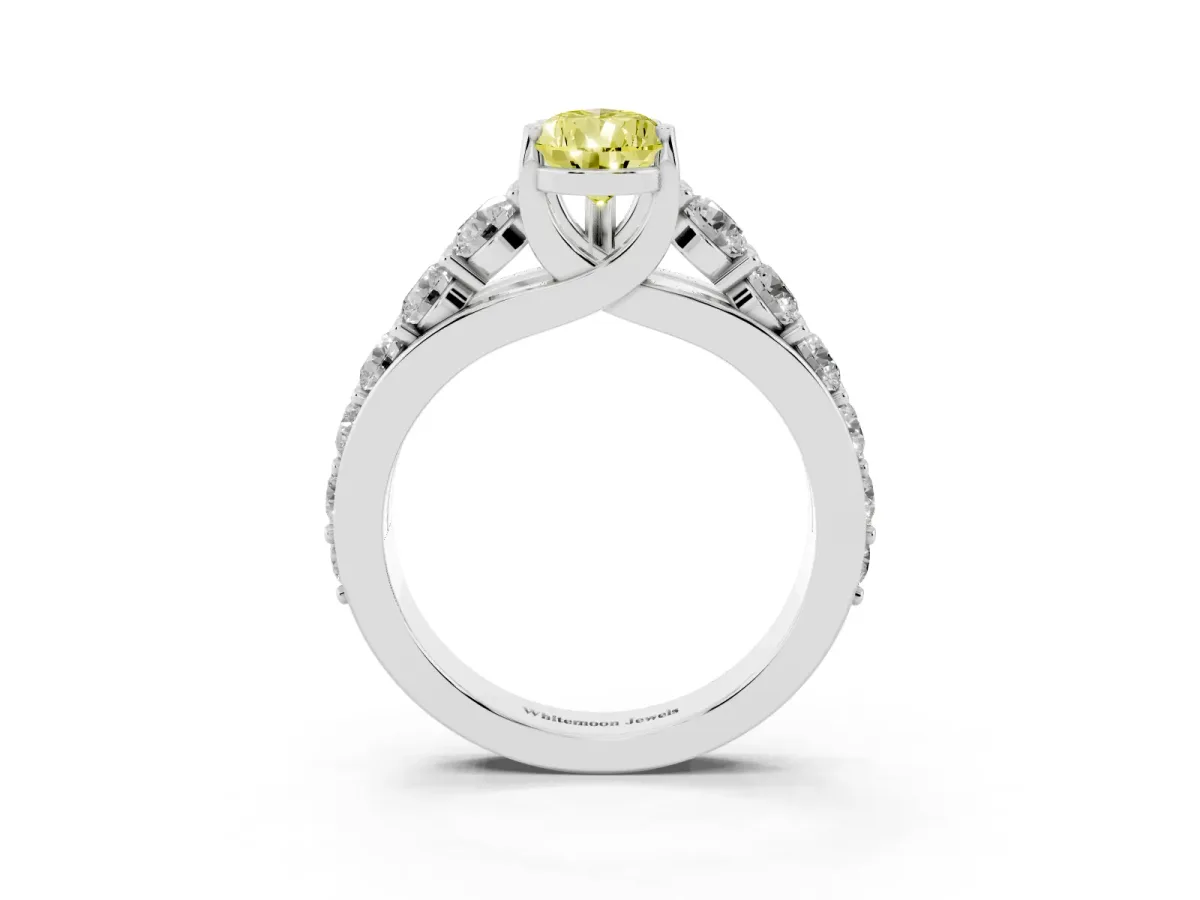 Fancy Yellow Pear Cut Diamond Engagement Ring with Pavé Band and Four-Prong Setting Silver