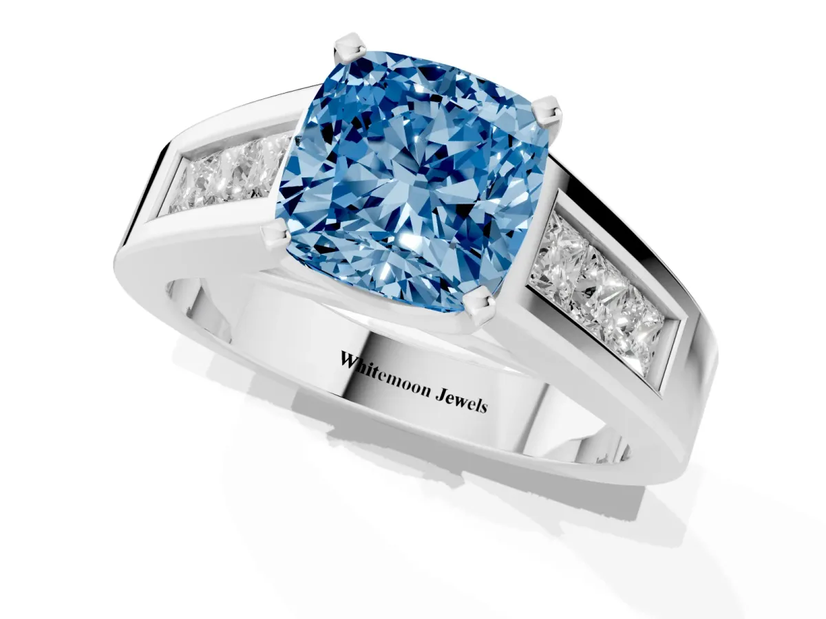 Fancy Blue Cushion Cut Cut Channel Set Solitaire Ring with Four-Prong Setting Platinum