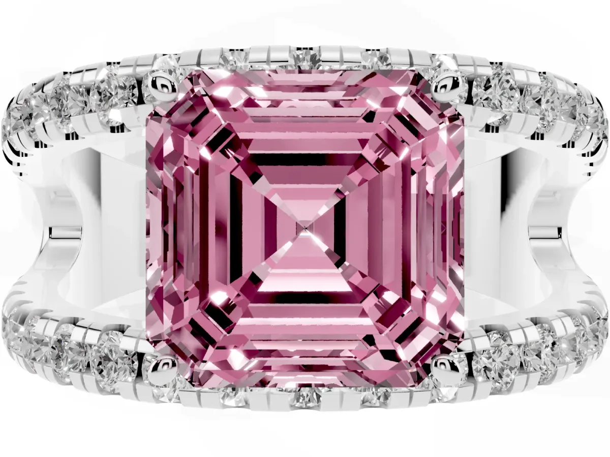 Fancy Pink Asscher Cut Solitaire Split Shank Pave Diamond Ring Platinum