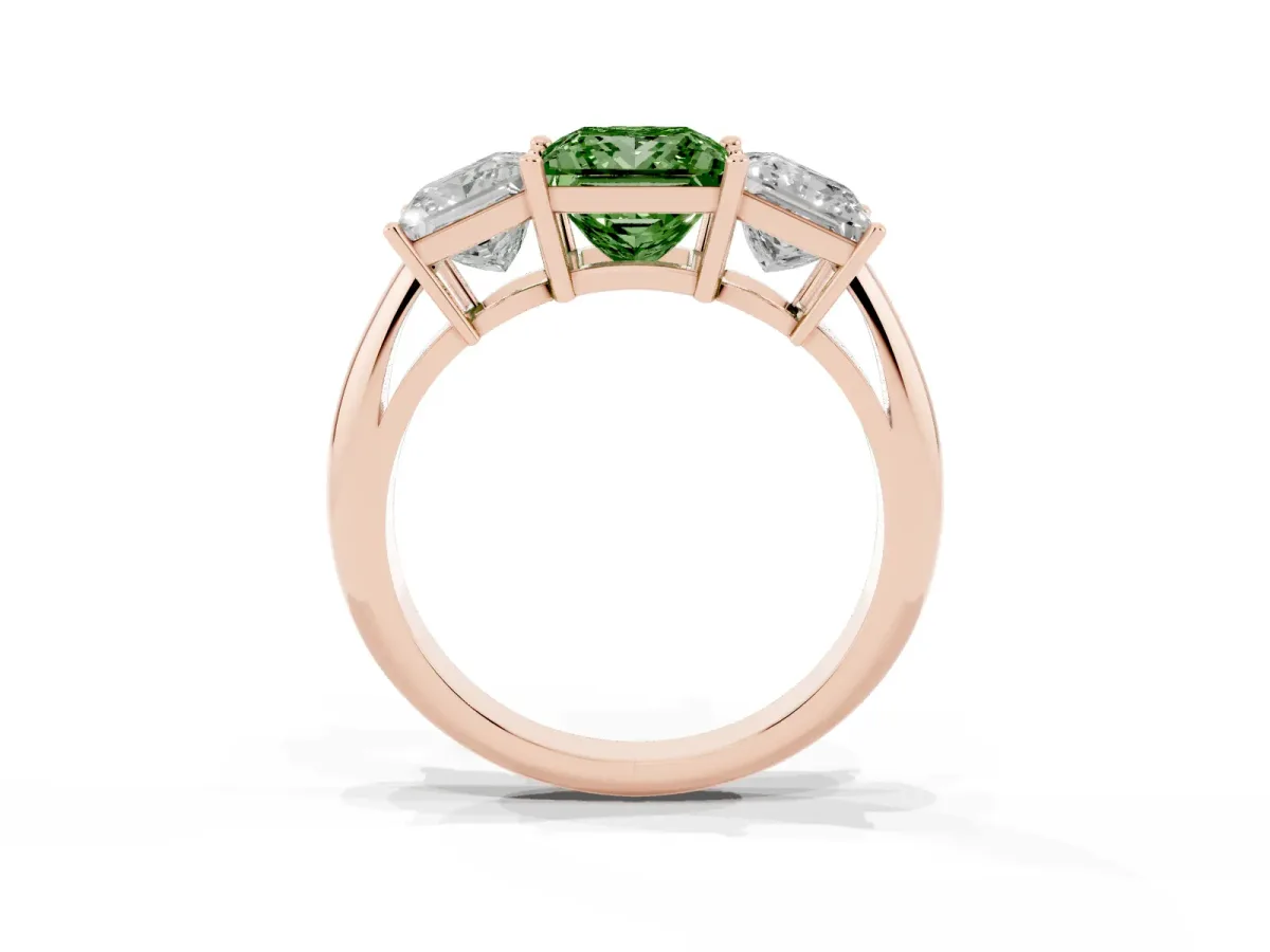 Fancy Green Three-Stone Princess Cut Cut Diamond Engagement Ring with Prong Setting on a White Gold Band Rose gold