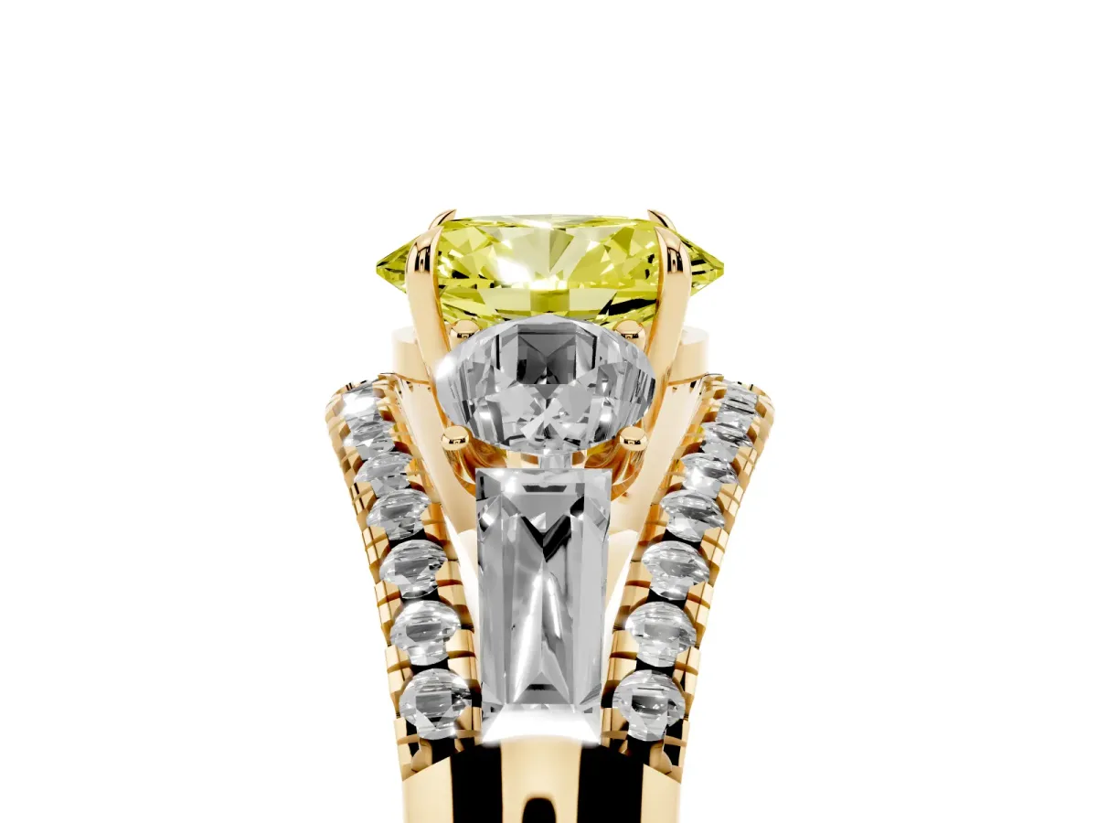 Fancy Yellow Three-Stone Oval Cut Diamond Engagement Ring with Pave Band and Prong Setting Yellow gold