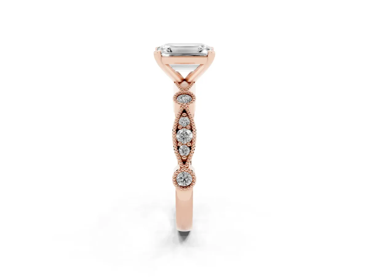 Emerald Cut Milgrain Bezel Diamond Engagement Ring with Solitaire Prong Setting Rose gold