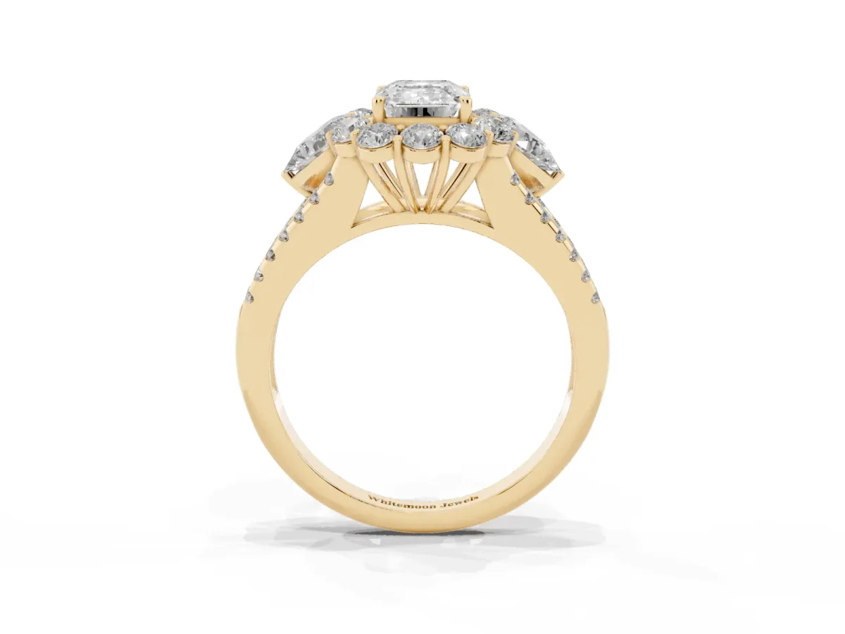 Emerald Cut Halo Split Shank Diamond Engagement Ring with Prong Setting Yellow gold